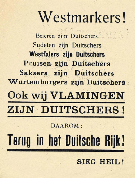 Strooibriefje, 15 november 1940. De Duitse bezetter ontmoette vanaf zijn inval in België groeperingen die op dezelfde ideologische golflengte zaten en een inschakeling in het Derde Rijk verdedigden. Vooral de DeVlag ijverde voor een Groot-Germaans Rijk. (CegeSoma, 524099)
