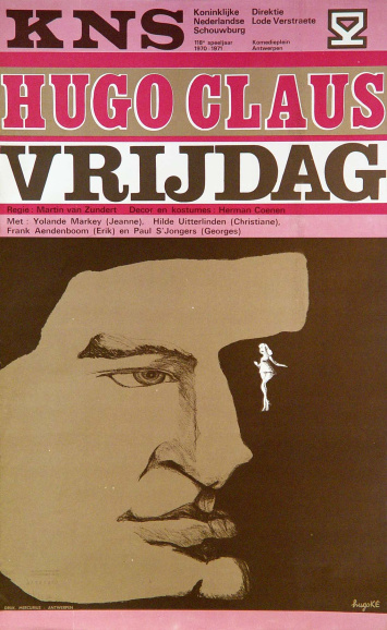 <p>Affiche voor de theatervoorstelling <em>Vrijdag</em>, geschreven door Hugo Claus en geregisseerd door Martin van Zundert. Afficheontwerp: Hugo Dekempeneer. (Collectie Stad Antwerpen, Letterenhuis, tglhps9486)</p>