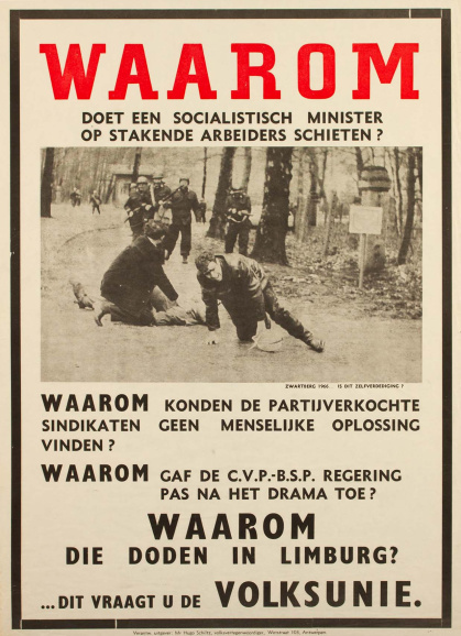 De Volksunie (VU) hekelde de sluiting van de mijn in Zwartberg en stelde het dodelijke geweld van de rijkswacht aan de kaak. (ADVN, VAFA617)