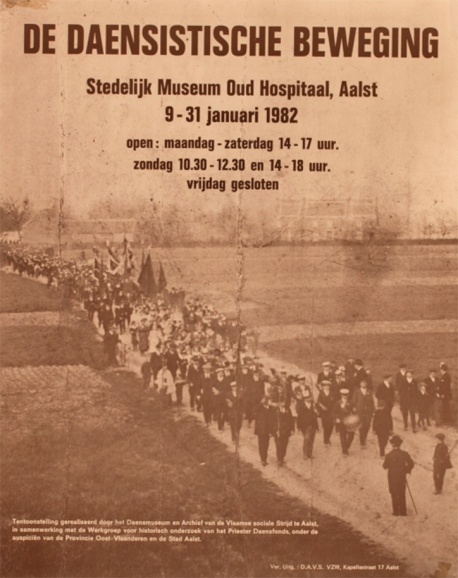 Affiche van de tentoonstelling “De Daensistische Beweging”, georganiseerd in 1982 door het Daensmuseum en het Archief van de Vlaamse sociale strijd te Aalst. Met steun van de provincie Oost-Vlaanderen werden verschillende tentoonstellingen en publicaties gerealiseerd rond Vlaamse en sociale thema’s. (ADVN, VAFA74)