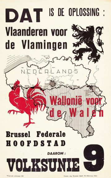De Volksunie riep op tot de federale omvorming van België. Affiche, ca. 1961. (Stadsarchief Brussel)