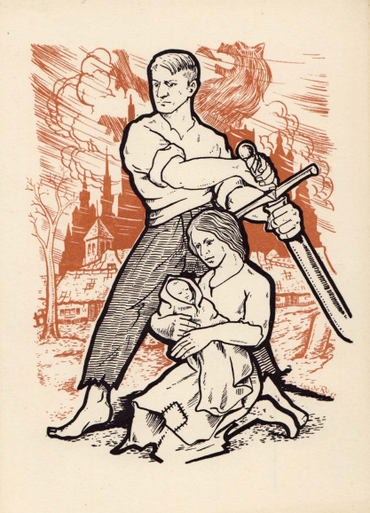 Het beeld van de man als strijder en de vrouw als moeder bleven ook na de Tweede Wereldoorlog doorleven. Prentkaart ontworpen door Luc de Ro en gepubliceerd door de uitgeverij Oranje, 1952. (ADVN, VPR162)