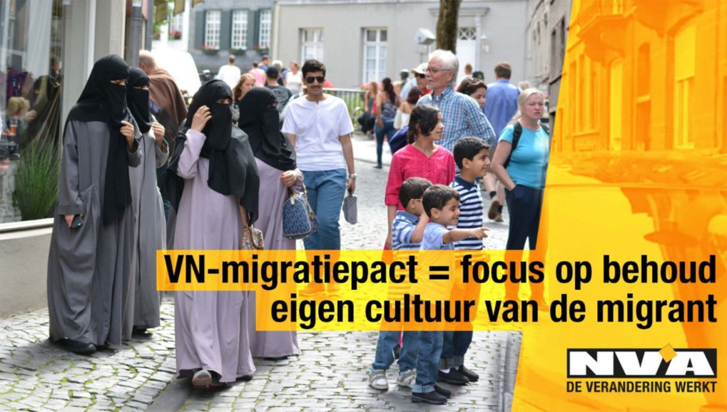 Beeld uit de controversiële sociale media campagne waarmee de N-VA wilde uitleggen waarom de partij niet akkoord ging met het VN-migratiepact. In december 2018 kwam de regering-Michel I ten val nadat de N-VA, uit protest tegen het VN-migratiepact, uit de coalitie stapte.