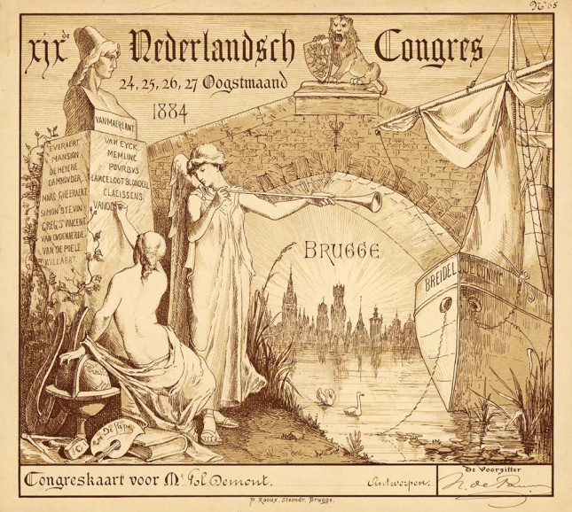 Van bij de eerste editie in 1849 werd op de Nederlandsche Taal- en Letterkundige Congressen gepleit voor een academie voor taal en literatuur voor het hele Nederlandse taalgebied. Congreskaart van het negentiende Nederlands Taal- en Letterkundig Congres in Brugge van 24 tot 27 augustus 1884. (Collectie Stad Antwerpen, Letterenhuis)