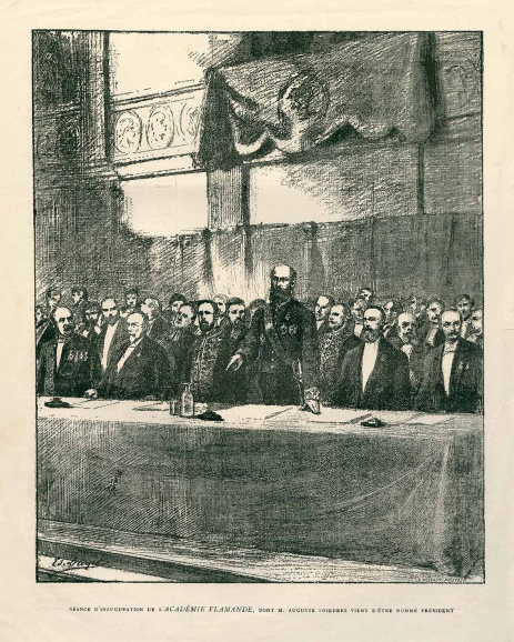 Oprichtingszitting van de Koninklijke Vlaamse Academie voor Taal- en Letterkunde, 8 juli 1886. Prent: Le Globe Illustré. (ADVN, VPB27)