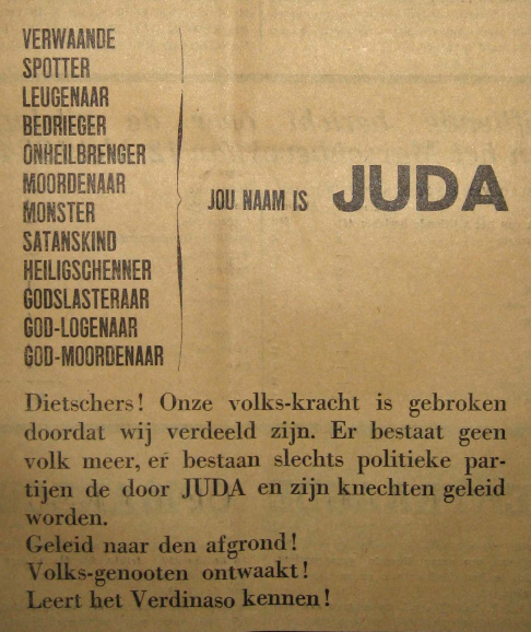 Antisemitisme in het partijweekblad Hier Dinaso!, 15 september 1934. (Universiteitsbibliotheek Gent)