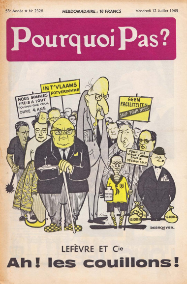 <p>Het tijdschrift <em>Pourquoi Pas?</em> stak de draak met de regering Lefèvre-Spaak die via het taalcompromis van Hertoginnedal de faciliteiten voor de Franstaligen in de zes randgemeenten regelde, 12 juli 1963. (ADVN, VY1961)</p>