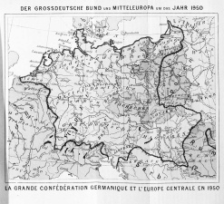 Deze kaart van het einde van de negentiende eeuw maakt de droom van het Alldeutscher Verband zichtbaar: zo had Groot-Duitsland er in 1950 moeten uitzien. Uit: Ernst Hasse, Grossdeutschland und Mitteleuropa um das Jahr 1950, 1895. (Wikimedia Commons)