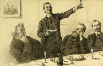 Tekening van het Taalverbond door Henry Luyten, 1890. Van links naar rechts: Emmanuel Rosseels, Emmanuel de Bom, Max Rooses en Frans Michiel van Steenweghen. (Collectie Stad Antwerpen, Letterenhuis, tglhtk1993)