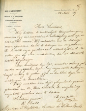 Brief Jules Tarlier en Charles Buls (Ligue de l’Enseignement) aan Julius Vuylsteke (Willemsfonds) met bedanking voor hulp bij vervollediging Vlaamse boekenlijst, 23 maart 1869. (Liberas)