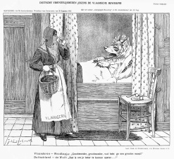De passivisten waarschuwden voor de ware bedoelingen van de Duitse Flamenpolitik. Spotprent uit Vrij België, 10 september 1915. (Ergoedbibliotheek Hendrik Conscience)