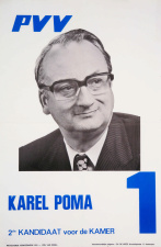 PVV-affiche van Karel Poma voor de parlementsverkiezingen van 10 maart 1974. (Liberas, 22-9-05-2-01-06)
