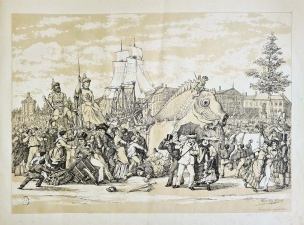 Historische optocht georganiseerd door de rederijkerskamer De Olijftak op 23 en 24 augustus 1875 in Antwerpen. (ADVN, VBRD19)