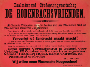 Affiche van het studentengenootschap Rodenbach’s Vrienden waarin werd gemobiliseerd voor Nederlandstalig hoger onderwijs, ca. 1900. (Stadsarchief Gent)
