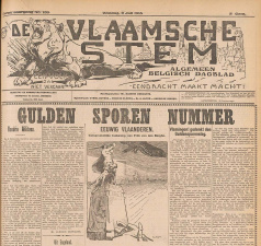 De Maagd van Vlaanderen weert vanop het Groeningemonument de Duitse adelaar af. Tekening van Frits van den Berghe op de voorpagina van De Vlaamsche Stem, 11 juli 1915. (Erfgoedbibliotheek Hendrik Conscience)