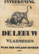 Affiche voor de intekening op de De Leeuw van Vlaenderen van Hendrik Conscience, 1938. Ontwerp: Gustaaf Wappers. (Collectie Stad Antwerpen, Letterenhuis, tglhps12204)
