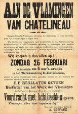 Affiche van het Werk der Vlamingen ter aankondiging van een voordracht door pater Regalatus Geysen ter voorbereiding van de oprichting van een Werkmanskring voor Vlaamse arbeiders te Châtelineau, 25 februari [1919-1933]. (KADOC, kcb005416)