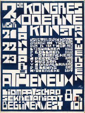 Aankondiging van het tweede Kongres voor Moderne Kunst in Antwerpen (1922), met Victor J. Brunclair als een van de deelnemers. Ontwerp affiche Jozef Peeters. (Collectie Stad Antwerpen, Letterenhuis, tglhps6322)