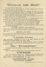 Activisitisch pamflet gericht aan de "Vrouwen van Gent", met de aankondiging van toespraken door Anna Mortelmans, Rosa de Guchtenaere en Rika van Overberghe, 1917. (Universiteitsbibliotheek Gent)