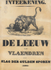Affiche voor de intekening op De Leeuw van Vlaenderen (1838) van Hendrik Conscience. Ontwerp Gustaaf Wappers, 1938. (Collectie Stad Antwerpen, Letterenhuis, tglhps12204)