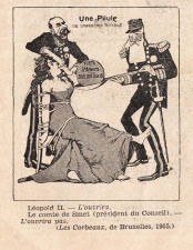 Mogelijk droeg de oppositie van de Meetingpartij tegen de uitbreiding van de fortengordel rond Antwerpen bij tot de negatieve houding van Leopold II tegenover de Vlaamse beweging. Deze spotprent uit het satirische blad [i]Les Courbeaux[/i] toont Leopold II die, samen met zijn minister van defensie De Smet de Naeyer, België de pil van 300 miljoen frank voor de forten tracht te doen slikken. (BELvue Museum)