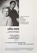 Celina-Maria Geurts kwam bij de gemeenteraadsverkiezingen van 11 oktober 1964 op in de plaats van haar man Jozef Olaerts, die als voormalig oorlogsburgemeester van Genk zijn burgerrechten had verloren. Verkiezingsbrochure, 1964. (ADVN, D2930)