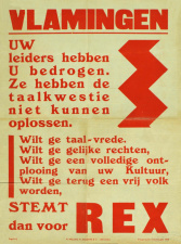 Affiche 'Vlamingen, uw leiders hebben u bedrogen' van Rex voor de wetgevende verkiezingen van 1936. (Collectie Stad Antwerpen, Letterenhuis, tglhps17913)