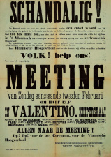 Aankondiging van een meeting in zaal Valentino georganiseerd door het studentengenootschap Rodenbach's Vrienden voor een 'Vlaamse Hogeschool', 1902. (Stadsarchief Gent)