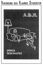 VVS-affiche voor de ‘Week voor Beschaafd Nederlands’, 1-6 februari 1954. Door de promotie van het Algemeen Beschaafd Nederlands (ABN) wilde de VVS bijdragen tot de heropleving van de Vlaamse cultuur. (Universiteitsarchief KU Leuven, AMVS)