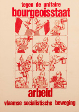 In 1977 werd de Werkgroep Arbeid omgevormd tot Arbeid-VSB (Vlaamse Sociale Beweging). Ontwerp affiche: Philippe Soulas. (ADVN, VAFA299)