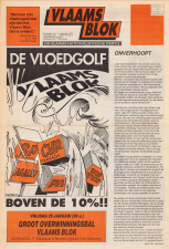 De partijkrant van het Vlaams Blok stelde de verkiezingsoverwinning op 24 november 1991 van de partij voor als een vloedgolf die de "traditionele" partijen wegspoelde. (ADVN, VY900068)
