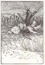 Afdruk van de tekening Broederliefde van Joe English. De tekening toont de gesneuvelde gebroeders Van Raemdonck. (ADVN, VPR872)