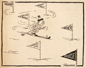 Een spotprent uit De Brusselse Post van 15 februari 1972, getiteld 'De olympische wintersporten van Eyskens'. De uitvoering van de grondwetswijziging liet inderdaad op zich wachten en in november van 1972 nam de regering-Eyskens ontslag. (ADVN, VY900066)