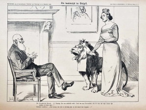 Johan Braakensiek becommentarieerde in het Nederlandse weekblad De Amsterdammer (11 september 1904) de ‘taalstrijd in België’. De Vlaamse maagd vraagt aandacht voor de vernederlandsing van de Gentse Rijksuniversiteit. Koning Leopold II is weinig onder de indruk van haar tandeloze leeuw. (Collectie Stad Antwerpen, Letterenhuis, tglhph35982)
