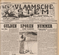 De Maagd van Vlaanderen weert vanop het Groeningemonument de Duitse adelaar af. Prent op de voorpagina van het passivistische blad De Vlaamsche Stem, 11 juli 1915. (Erfgoedbibliotheek Hendrik Conscience)