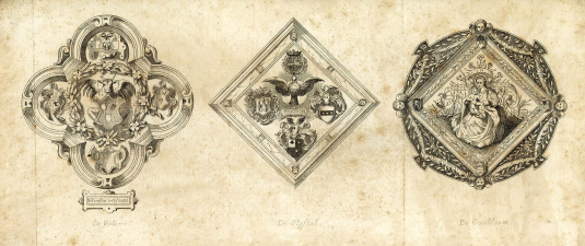 Wapenschilden van de drie belangrijkste Antwerpse rederijkerskamers De Olijftak, De Violieren en De Goudbloem, s.d. (Collectie Stad Antwerpen, Letterenhuis, tglhpr6947)