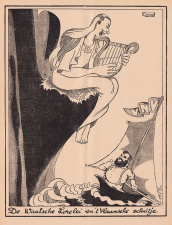 VNV-leider Staf de Clercq wordt aangetrokken door de sirenenzang van Rex-leider Léon Degrelle. Karikatuur van Eugeen Hermans in het katholieke weekblad Hooger Leven, 17 oktober 1936. (ADVN, VY900273)