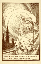 Prentbriefkaart van Maria (‘vrouwe van Vlaanderen’) met kindje Jezus, ontworpen door Jos Speybrouck, 1923. (ADVN, VPR1417)