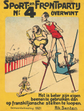 Affiche voor de gemeenteraadsverkiezingen van 1921. Op de karikatuur, getekend door de Antwerpse sportjournalist en -manager Rik Senten, is de kandidaat van de Frontpartij Hubert Melis te zien die als hardloper de socialistische (Camille Huysmans), katholieke (vermoedelijk Paul Segers) en liberale (vermoedelijk Louis Strauss) steltlopers te vlug af is. (Collectie Stad Antwerpen, Letterenhuis, tglhps3192)