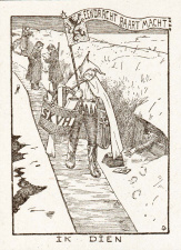 Joe English als Tijl Uilenspiegel in de loopgraven, s.d. Tekening verspreid door het Secretariaat der Katholieke Vlaamsche Hoogstudenten (SKVH). (Familie Archief English Goedemé)