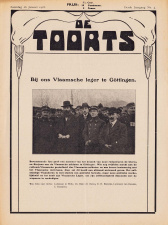 Een reportage over het bezoek van René de Clercq aan het gevangenkamp van Göttingen op de omslag van het activistische tijdschrift De Toorts, 26 januari 1918.
