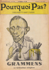 Een karikatuur van Flor Grammens op de omslag van [i]Pourquoi Pas?[/i] (11 juni 1937). Voor tegenstanders van de Vlaamse beweging was hij een dankbaar onderwerp van spot. (ADVN, VY1961)