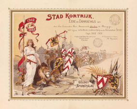 Dankbewijs voor medewerking aan de historische stoet van de Guldensporenslag in 1902. (Stadsarchief Kortrijk)