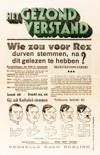 Tijdens het interbellum voelt een deel van de achterban van de katholieke zuil zich aangetrokken tot het extreemrechtse gedachtegoed van de Rex-beweging. Dit pamflet probeert de katholieke kiezers op andere ideeën te brengen. (CegeSoma/Rijksarchief)