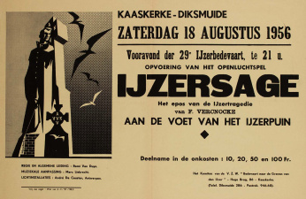 Affiche ter promotie van het openluchtspel [i]IJzersage[/i], geschreven door Ferdinand Vercnocke, 1956. (ADVN, VAFA1162)