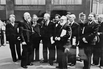 Vlaamse delegatie op de Deutsch-Flämische Kulturtage Köln in 1941, met onder meer August Borms, Albert Servaes, Ferdinand Vercnocke en Prosper de Troyer. (Rijksarchief Gent)