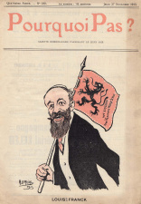 Louis Franck met een Vlaamse leeuw op de omslag van het satirische blad Pourqoui Pas? naar aanleiding van zijn campagne voor de vernederlandsing van de Rijksuniversiteit Gent. (ADVN)