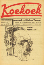 August Vermeylen, getekend door Jozef Cantré, op de omslag van het humoristische weekblad Koekoek, 11 juni 1931. Cantré beelde Vermeylen af als Zeus, uit wiens hoofd Athena, de godin van onder meer de wijsheid en beschaving, werd geboren. (Amsab-ISG)