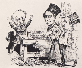 Spotprent over de vele amendementen op het wetsvoorstel Coremans, 16 december 1888. (Collectie Stad Antwerpen, Letterenhuis)