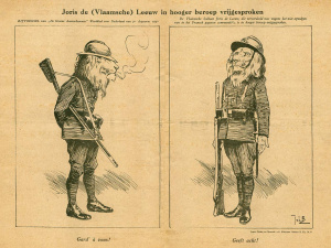Het Nederlandse weekblad De Groene Amsterdammer (30 augustus 1930) stelde Joris de Leeuw voor als een &amp;lsquo;Vlaamse leeuw&amp;rsquo; die weigerde Franstalige bevelen uit te voeren. (ADVN, D12488)